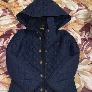 Navy Quilted Hooded Jacket with Red Logo